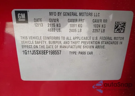 2014 Chevrolet Malibu 2Lz z USA, uszkodzony, nr VIN 1G11J5SX8EF198557